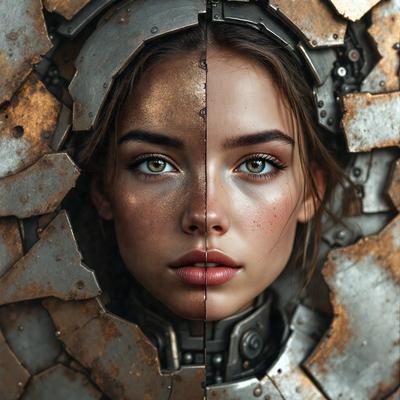 The primary subject of the image is a woman with a split face, showcasing her two different looks. One half of her face is shiny and gold, while the other half is rough and metallic. The setting is a metal surface, possibly a wall or a piece of artwork. The visual style is a combination of photo and digital art, creating a unique and intriguing image. The colors and mood of the image are a mix of contrasting and complementary tones, with the gold and metallic elements